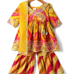 Teentaare Cotton Woven Three Fourth Sleeves Printed Kurti Gharara Set with Dupatta & Lace Detailing - Yellow & Red-image-70