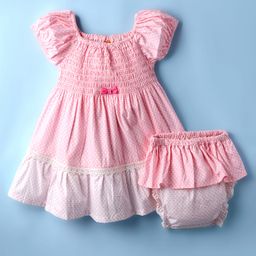 Dew Drops Cotton Knit Half Sleeves Smocked Frock With Bloomer & Polka Dots Print - Pink-image-98