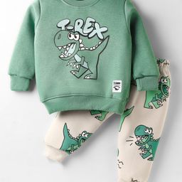 Teddy Fleece Knit Full Sleeves Dino Printed Winter Night Suit - Green-picture-17