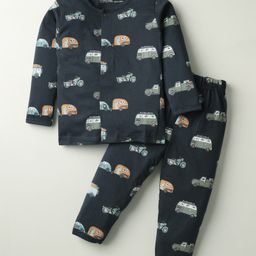 Doreme Cotton Knit Full Sleeves Co-Ord Night Suit With Vehicles Print - Navy Blue-image-89