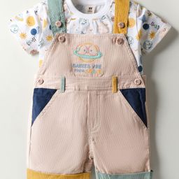 ToffyHouse Corduroy Woven Dungaree & Half Sleeves Inner Tee With Space Theme Print & Embroidery - Beige-picture-0