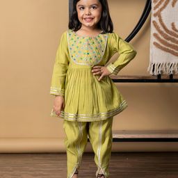 READIPRINT Silk Woven Full Sleeves Floral Embroidered Mirror Work Detailed Gota Lace Embellished Kurti Dhoti Set - Green-image-9