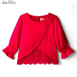arias by lara dutta Arias Woven Three Fourth Sleeves Petal Cut Top with Embroidered Lace Detailing at Hem - Red-picture-1