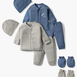 I Bears Knitted Full Sleeves Striped Co-Ords Night Suit With Cap Mittens & Booties Pack Of 2 - Grey & Navy Blue-picture-20