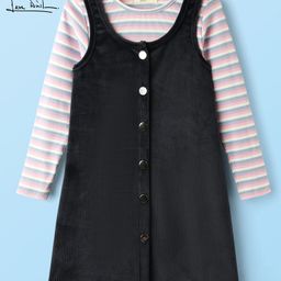 arias by lara dutta Arias Corduroy Knit Full Sleeves Inner Tee with Front Open Structure Dress with Stripes - Navy Blue-picture-0