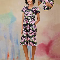 Zelena Cotton Elastane Knit Half Sleeves Floral Printed Maternity Dress With Nursing Access - Pink & Black-picture-29