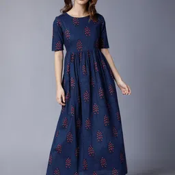 Vishudh Navy Blue Ethnic Motifs Printed Cotton Maxi Dress-image-92