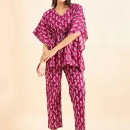 Sweet Dreams Wine Cotton Printed Kaftan Pyjama Set-image-89