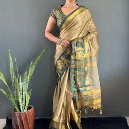 Beige Cotton Silk Zari Weaving Saree with Unstitched Blouse Piece-picture-17