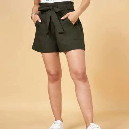 People by Pantaloons Olive Green Cotton High Rise Shorts-picture-14