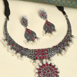 OOMPH Oxidized Silver Look Alike Maroon Stone StoneChoker Necklace Set with Drop Earrings-7