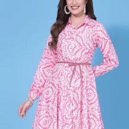 SELVIA Pink & White Printed A-Line Dress-image-90