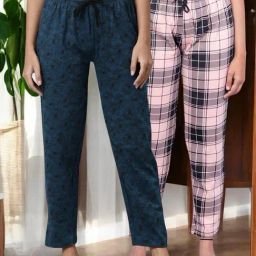 Kryptic Peach & Teal Cotton Relaxed Fit Printed Lounge Pants - Pack of 2-image-78
