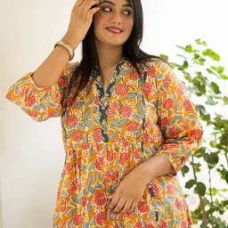 Uttariya Floral Printed Cotton Thread Work Mandarin Collar A-line Kurti-image-56