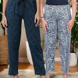 Kryptic White & Teal Cotton Relaxed Fit Printed Lounge Pants - Pack of 2-image-118