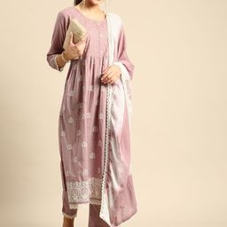 Anouk Mauve & Off-White Ethnic Embroidered Cotton Straight Kurta with Trousers Dupatta-24