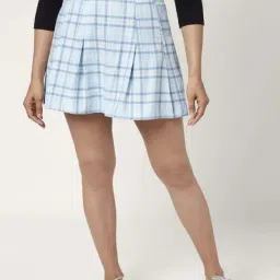 People by Pantaloons Blue Cotton Chequered A-Line Skirt-picture-22