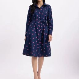 Fablestreet Navy & Pink Linen Polka Dot Shirt Dress-image-54