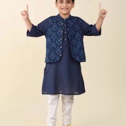 Fabindia Kids Navy Printed Full Sleeves Kurta with Nehru Jacket-image-5