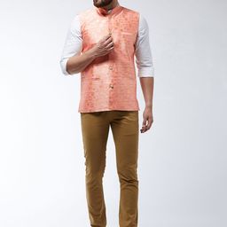 SOJANYA Men Peach-Coloured & Gold-Coloured Woven Design Nehru Jacket image 5