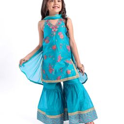 Babyhug Woven Halter Neck Floral Printed Kurti Palazzo & Dupatta -Teal Blue-image-3