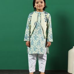 READIPRINT Full Sleeves Floral Printed Cotton Kurta Pyjama With Attached Jacket - Cream-picture-0