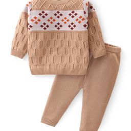 Babyhug Knitted Full Sleeves Cable Knit Designed Pullover Sweater Set - Beige-picture-27