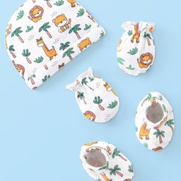 Babyhug 100% Cotton Cap Mittens &  Booties with Jungle Theme  - White-image-28