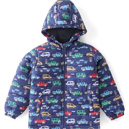 Babyhug Woven Full Sleeves Padded Hooded Jacket with Car Print - Navy Blue-image-86