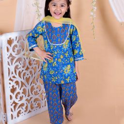 BownBee Pure Cotton Half Sleeves Floral Printed & Lace Embellished Coordinating Kurta With Dhoti - Blue-image-37