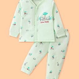 Mini Donuts Cotton Knit Full Sleeves Front Open Night Suit With Animals Print - Light Green-image-27