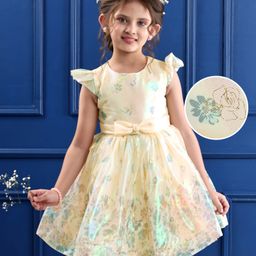 Mark & Mia Frill Sleeves Floral Printed Party Frock with Bow Applique - Off White-picture-13