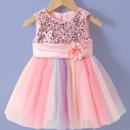Kookie Kids Sleeveless Party Frock With Floral Applique & Sequinned Yoke - Pink-image-96