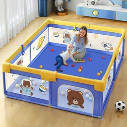 Teddy Printed Playpen - Blue & Yellow-19