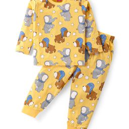 Babyhug Cotton Knit Full Sleeves Night Suit with Puppy & Elephant Print - Yellow-image-42