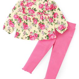 Babyhug Cotton Knit Full Sleeves Top & Lounge Pants Set With Floral Print - Cream & Pink-picture-26