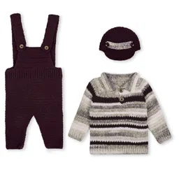 Windrop Solutions Full Sleeves Striped Crocheted Sweater With Coordinating Soild Dungaree & Cap Set - Multi Colour-picture-15