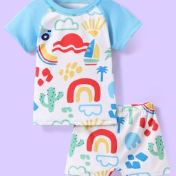 Babyhug Cotton Half Raglan Sleeves Water Repellent Two Piece Swimsuit with Beach Theme Print - White & Light Blue-1
