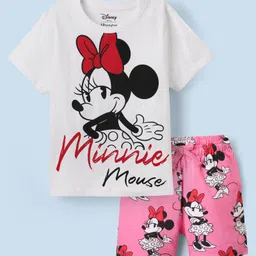 HoneyHap Disney Single Jersey Knit Half Sleeves Shorts Night SuitWith Minnie Mouse Family Graphics - White & Pink-image-99