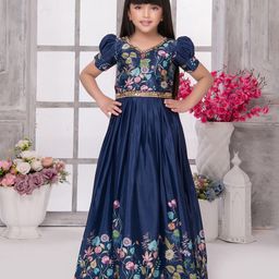 Tiny Kingdom Half Puffed Sleeves Floral Printed Lace Embellished Gown - Navy Blue-image-66