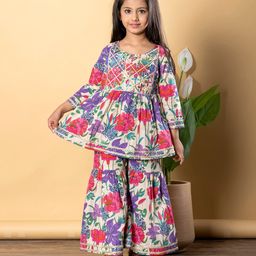 READIPRINT Cotton Three Fourth Sleeves Floral Printed Lace Embellished Kurta With Sharara - Purple-image-71