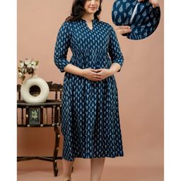 CeleBravo Cotton Three Fourth Sleeves Abstract Printed Maternity Dress With Nursing Access - Navy Blue-image-94