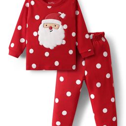 Bonfino 100% Cotton Knit Full Sleeves Night Suit With Polka Dots & Santa Print - Red-image-0