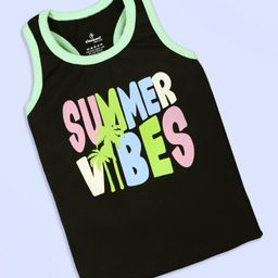Kiddopanti Cotton Lycra Sleeveless Summer Vibes Text Printed Tank Top - Black-image-40