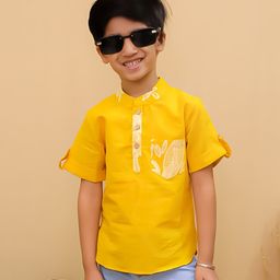 Superminis Cotton Woven Half Sleeves Placket Tropical Theme Printed Short Kurta - Mustard-image-2
