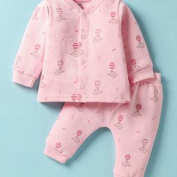 I Bears Fleece Knit Full Sleeves Elephant Printed Front Open Winter Wear T-Shirt & Pant Set - Pink-image-85