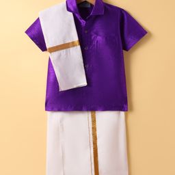 Dapper Dudes Cotton Silk Woven Half Sleeves Solid Shirt & Mundu With Angavastram Set - Purple-picture-12