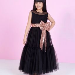 Ministitch Net Woven Sleeveless Sequins Embellished Bow Applique Detailed Gown - Black-picture-44