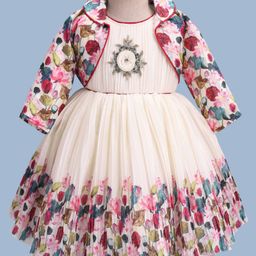 Enfance Floral Printed Stones Embellished Dress With Full Sleeves Jacket Set - Cream-picture-4