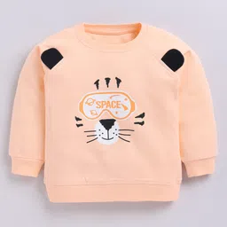 CUTOPIES Cotton Knit Full Sleeves Space Cat Printed Light Winter Sweatshirt - Peach-picture-3